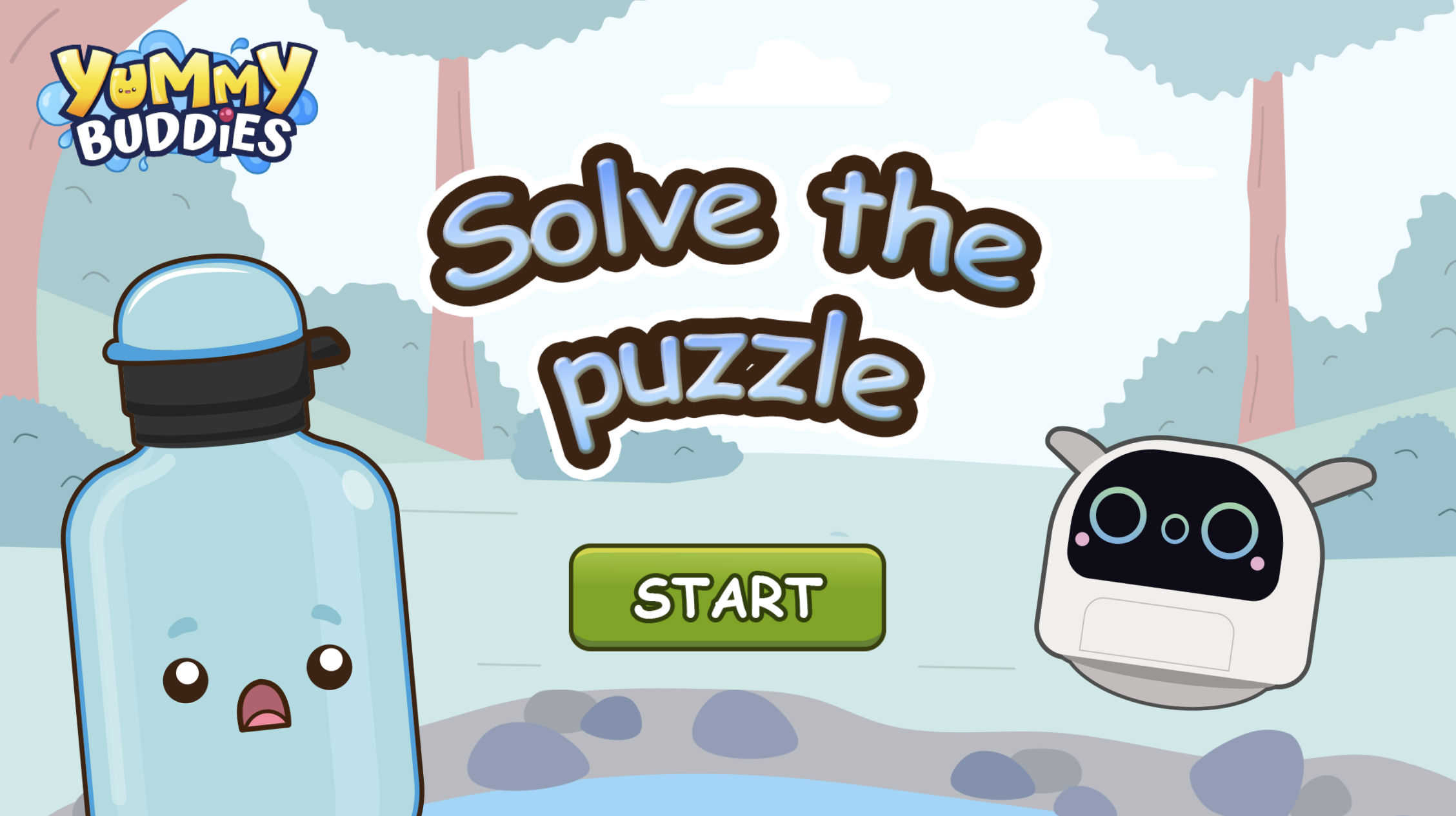 Card title for the "Yummy Buddies Solve the puzzle" game featuring Wata and Poodle beside a forest pond above a green "START" button.